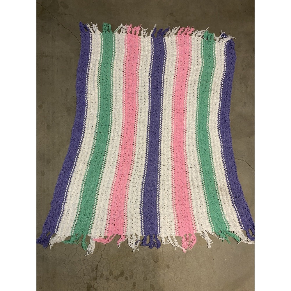 Vintage Crochet Afghan 60"x47" Pastel Fringe Blanket Pink Green Purple White
